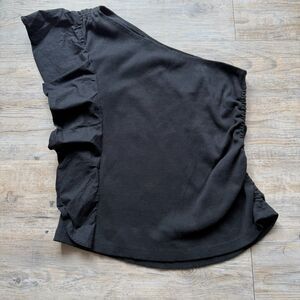 Anthropologie Black One Shoulder Ruffled Blouse Size 1X Stretch Summer